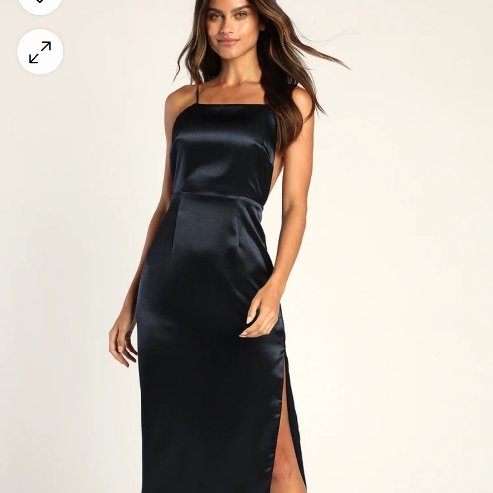 Lulu's Blue Satin Midi Dress with Slit